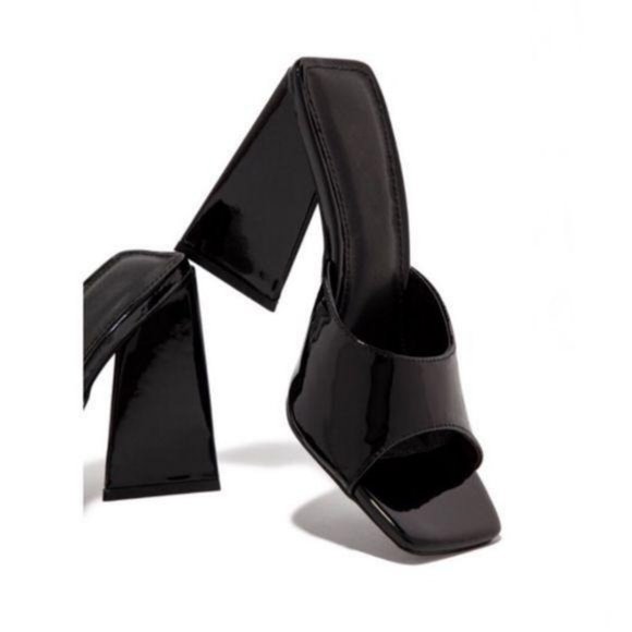 Shoes - Square Toe Triangle Heel Mules in Black Patent
